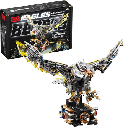 1168-PCS Mechanical Eagle Building Block Set with LED Light, Movable Linkage Gears, Display Stand - Animals Building