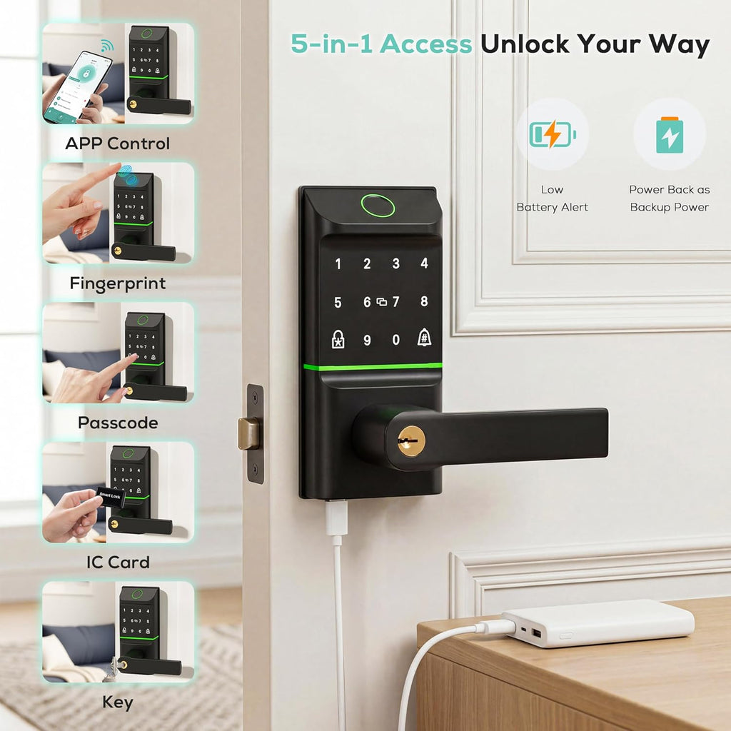 Smart Door Lock Keyless Entry, 6-in-1 Biometric Deadbolt w/Fingerprint, Keypad, IC Card, APP, Key, Type-C Charging