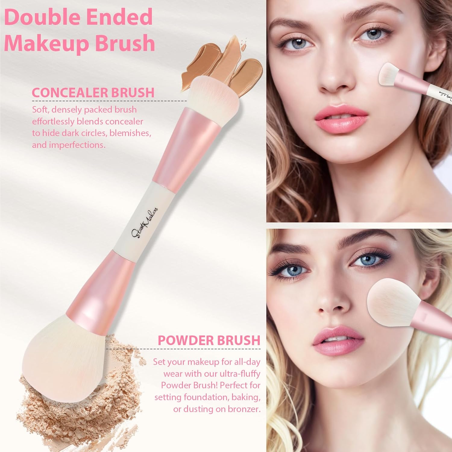 Makeup Brushes 5Pcs Dual Ended Pink Makeup Brush Set for Foundation Blush Bronzer Concealer Contour Powder Highlight