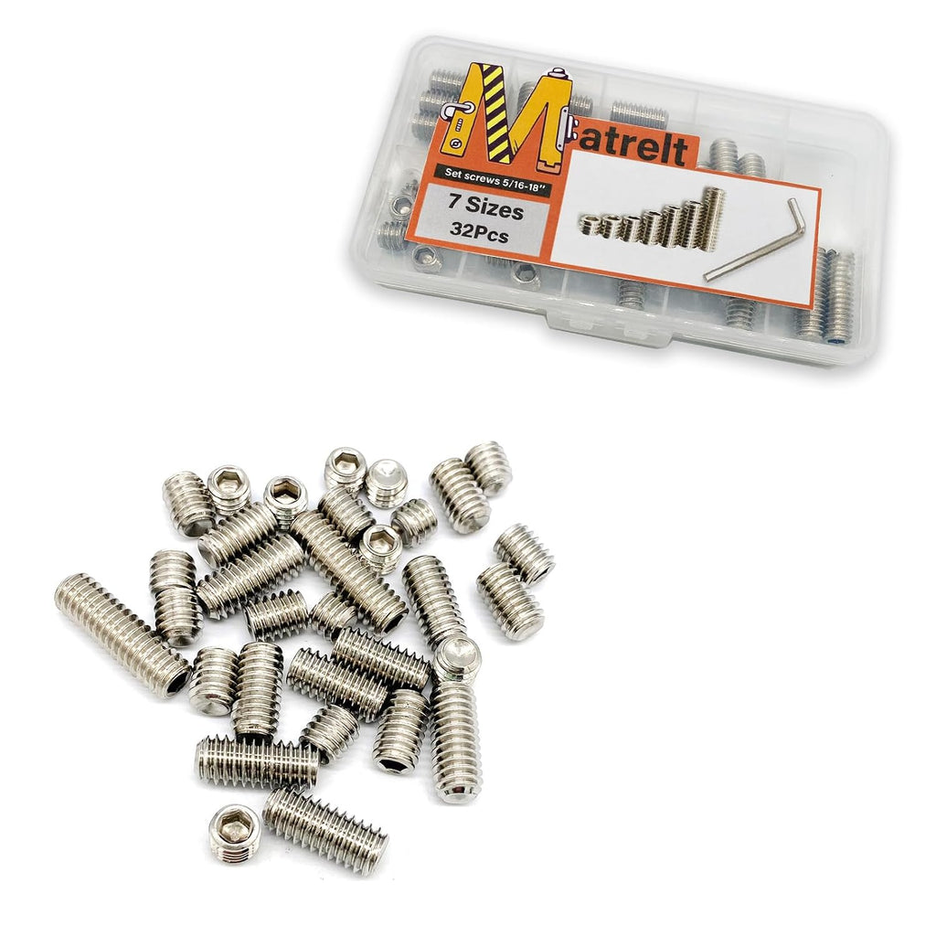 32pcs 5/16-18 7 Sizes Hex Socket Set Screws Assortment Kit, 304 Stainless Steel Cup Point Grub Screw for Bathroom Fixtures Door Handles Stripper Pole Rack Screws Precision Instrument ETS