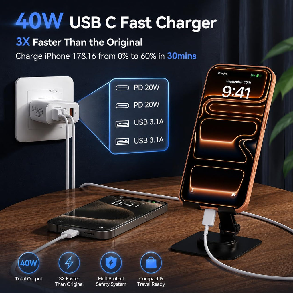 USB C Wall Fast Charger Block, 40W 4-Port Type C Charger Fast Charging Blocks PD Power Charger Adapter+QC 3.0 USB