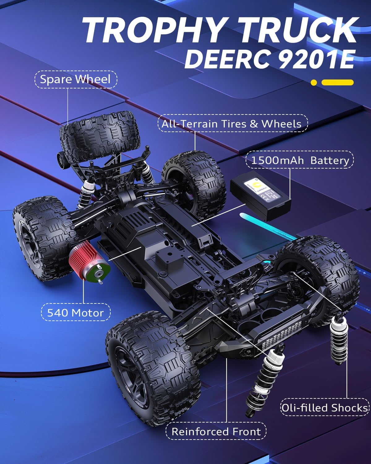 9201E 1:10 RC Truck for Adults & Boys, 48 KPH 4WD Short Course RC Car | Functional Spare Tire, LED Lights, Metal Dog