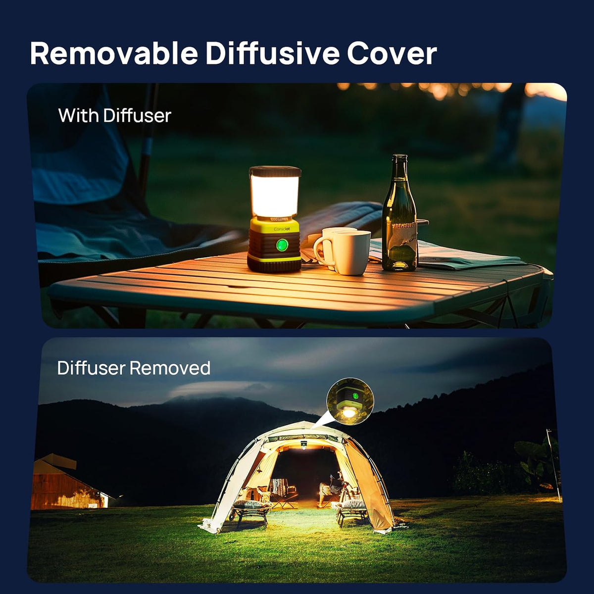 1000LM LED Camping Lantern Rechargeable, 4 Light Modes, Dimmable | 4400mAh Portable Battery Pack, IPX4 Waterproof