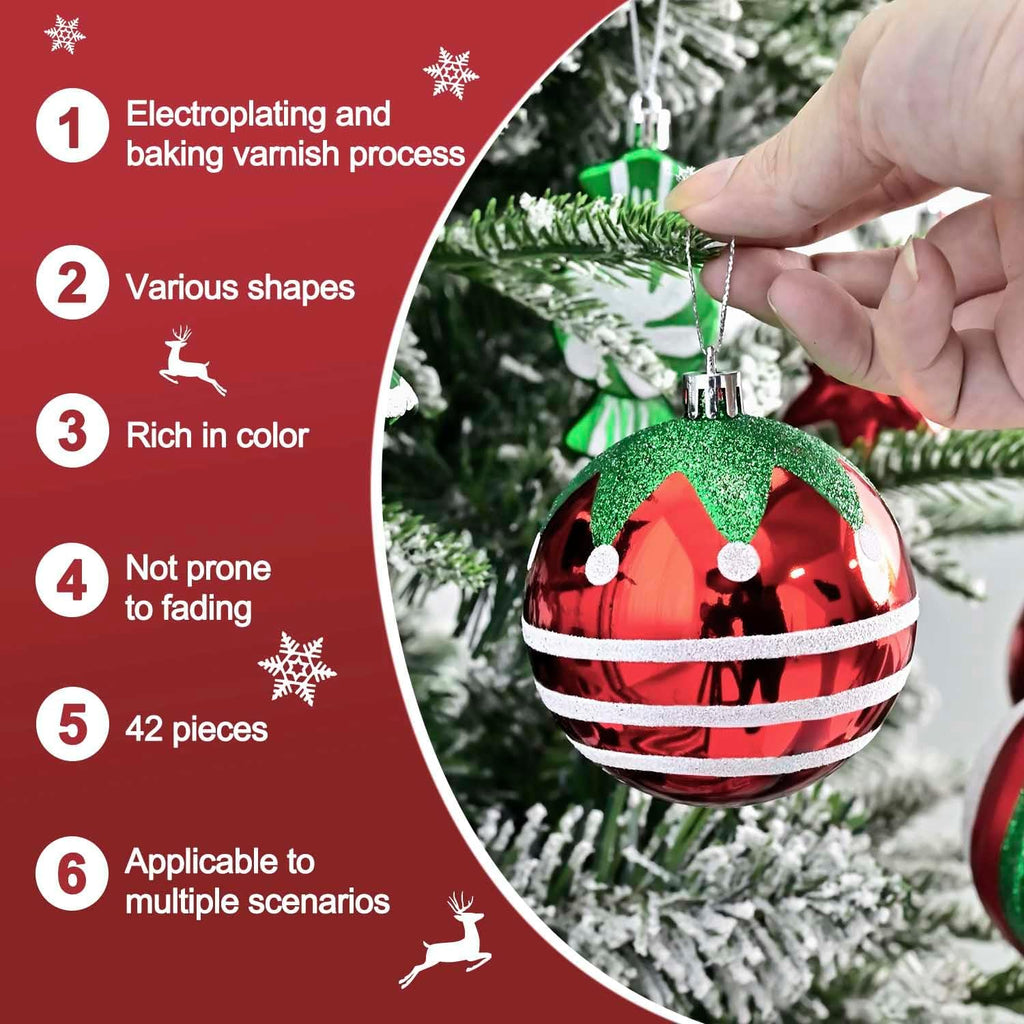 Christmas Tree Ball Ornaments Set, 42ct 3.15 Inches Red Green White Assorted Xmas Tree Ball Ornaments, Shatterproof
