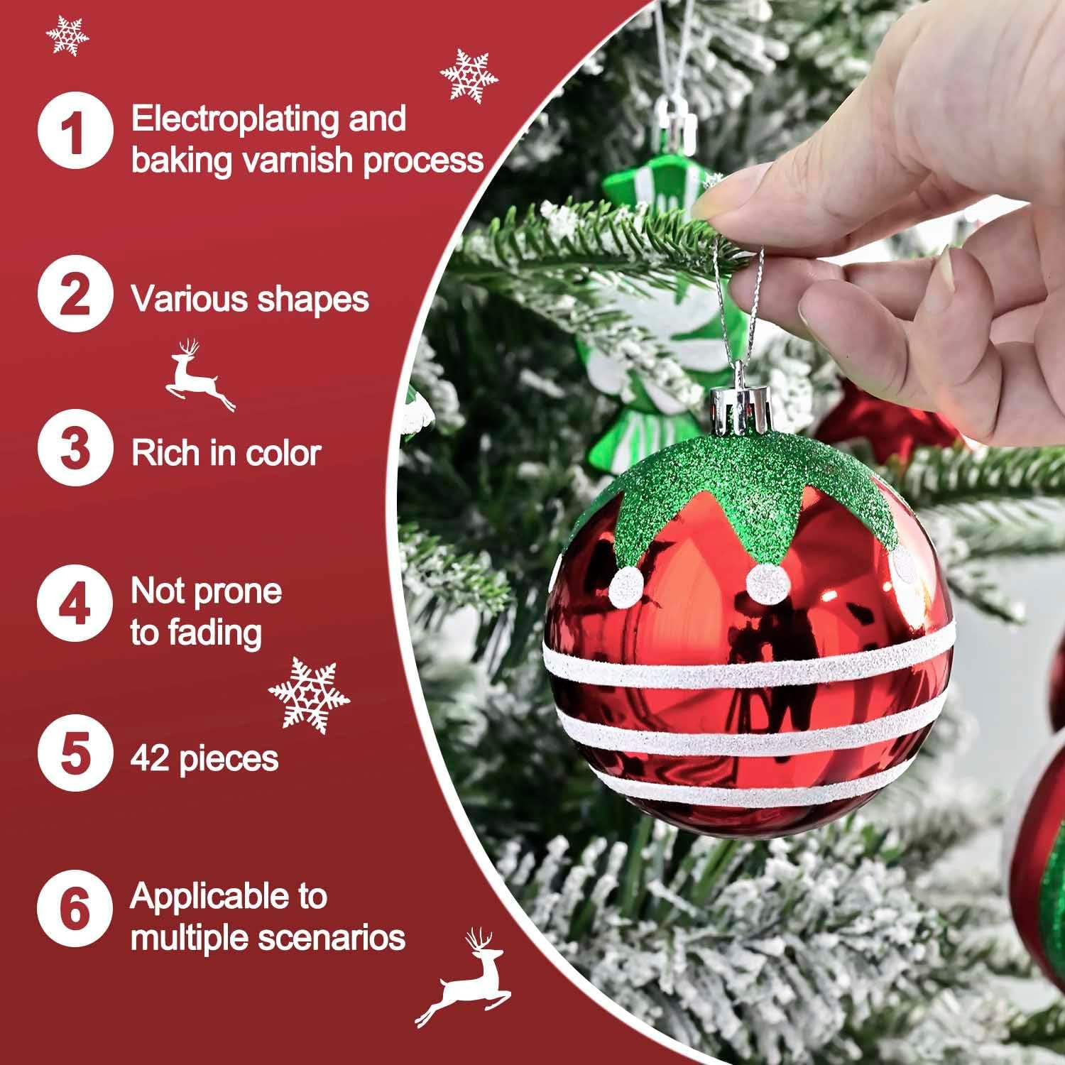 Christmas Tree Ball Ornaments Set, 42ct 3.15 Inches Red Green White Assorted Xmas Tree Ball Ornaments, Shatterproof