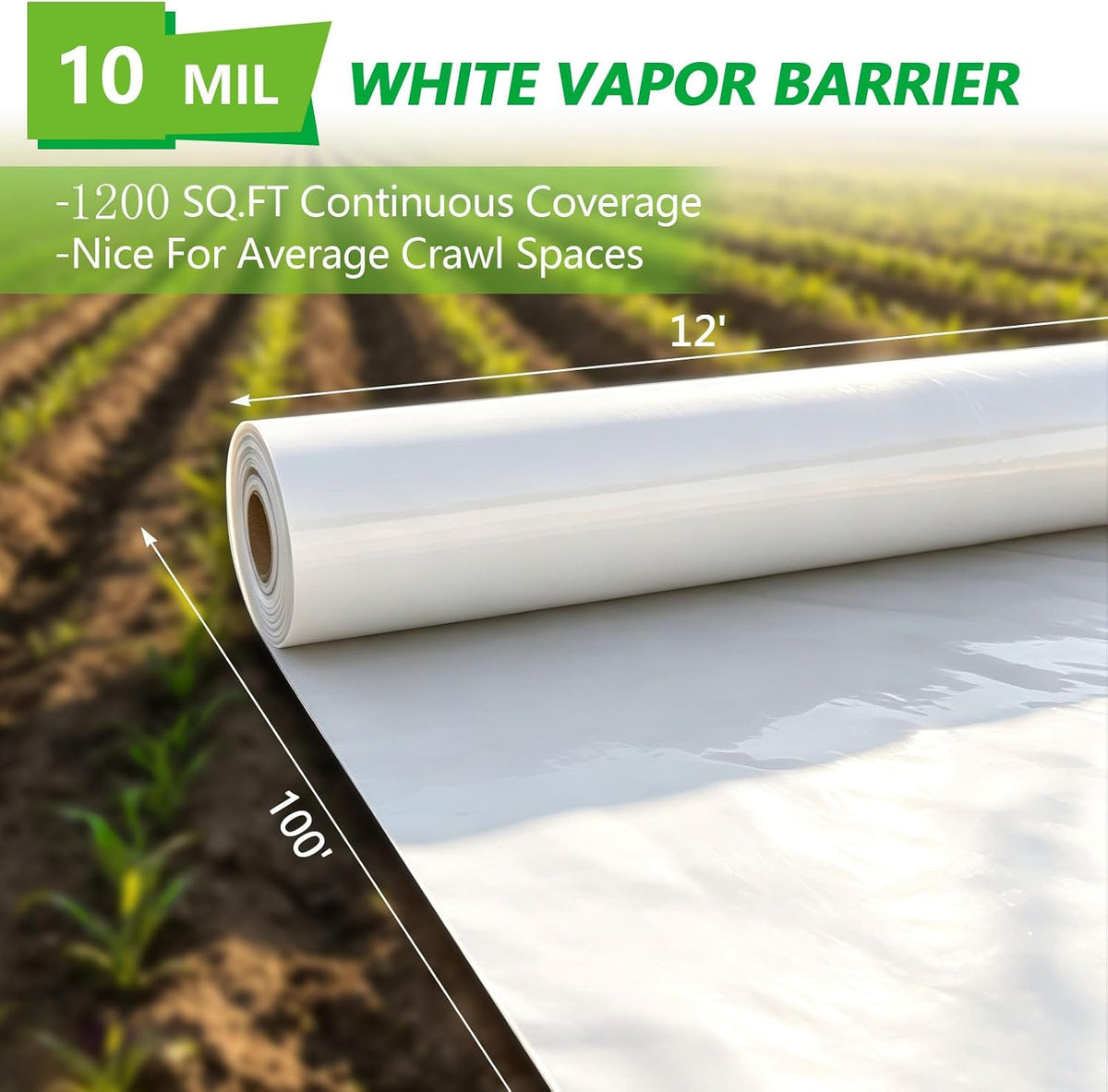 White Crawl Space Vapor Barrier, 12x100FT 10 mil Plastic Sheeting