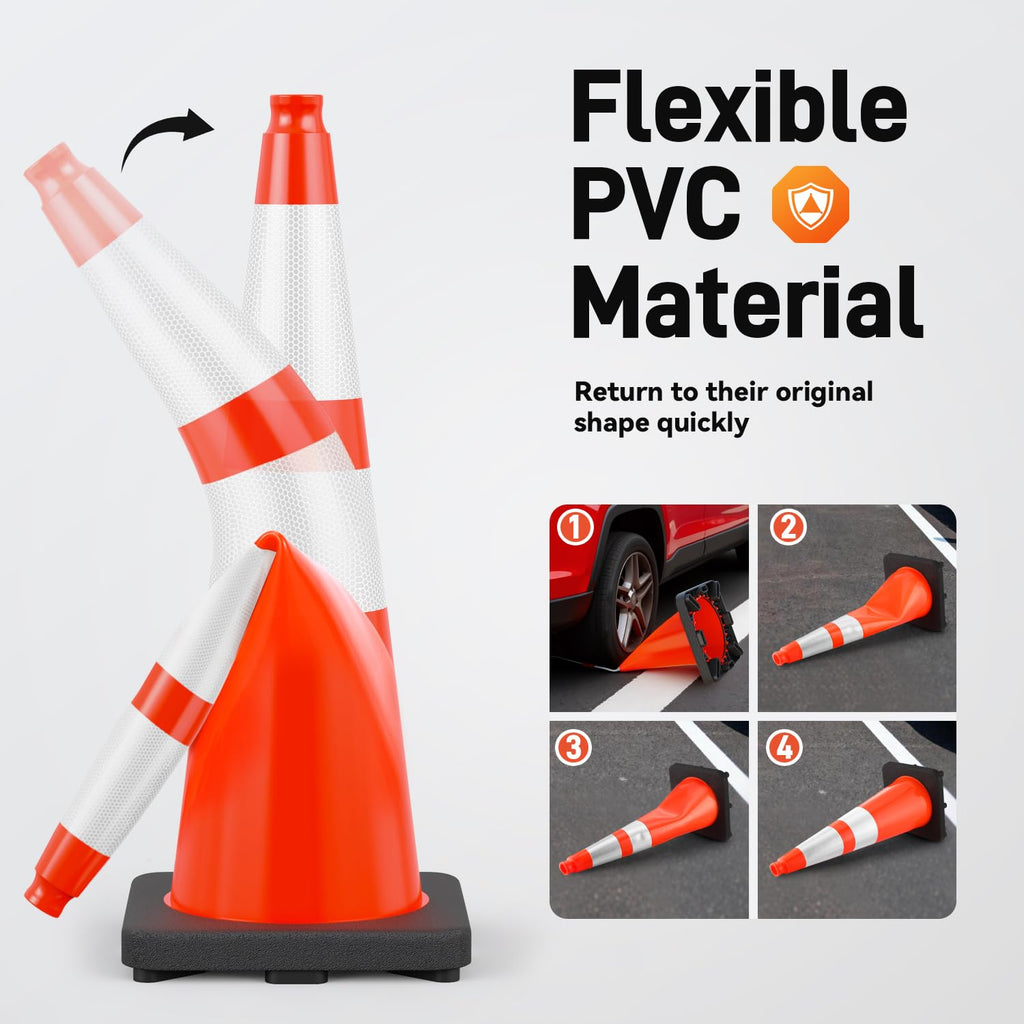 6 Pack 28" Traffic Cones with Weighted Base, Orange | Reflective Strip Aids Visibility; Stackable Storage; PVC