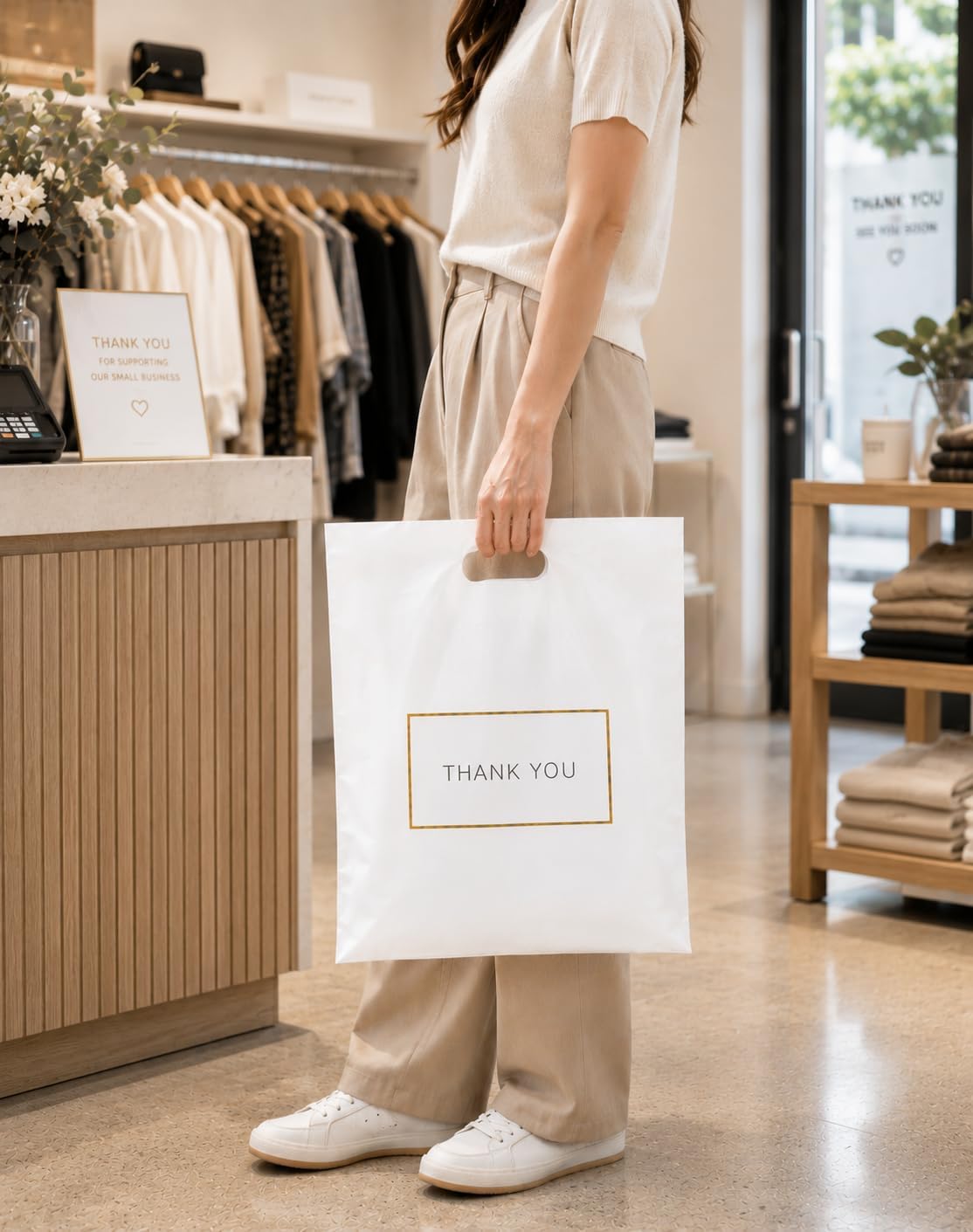 White Plastic Shopping Bags with Handles, Thank You Boutique Retail Bags, Large 16" x 18", 100 Pack for Merchandise