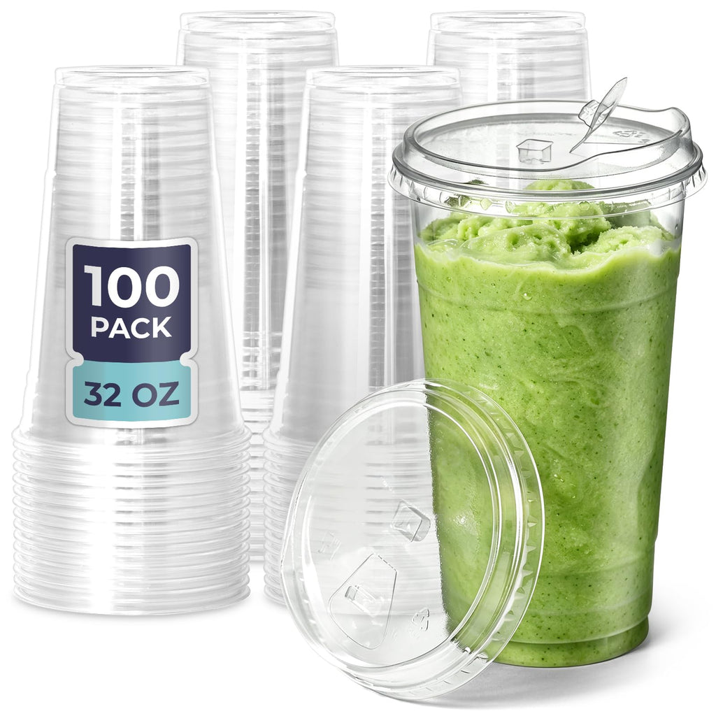 100 Pack 32 oz Clear Plastic Cups with Strawless Sip Lids, Disposable Plastic Coffee Cups with Lids, To Go Cups for