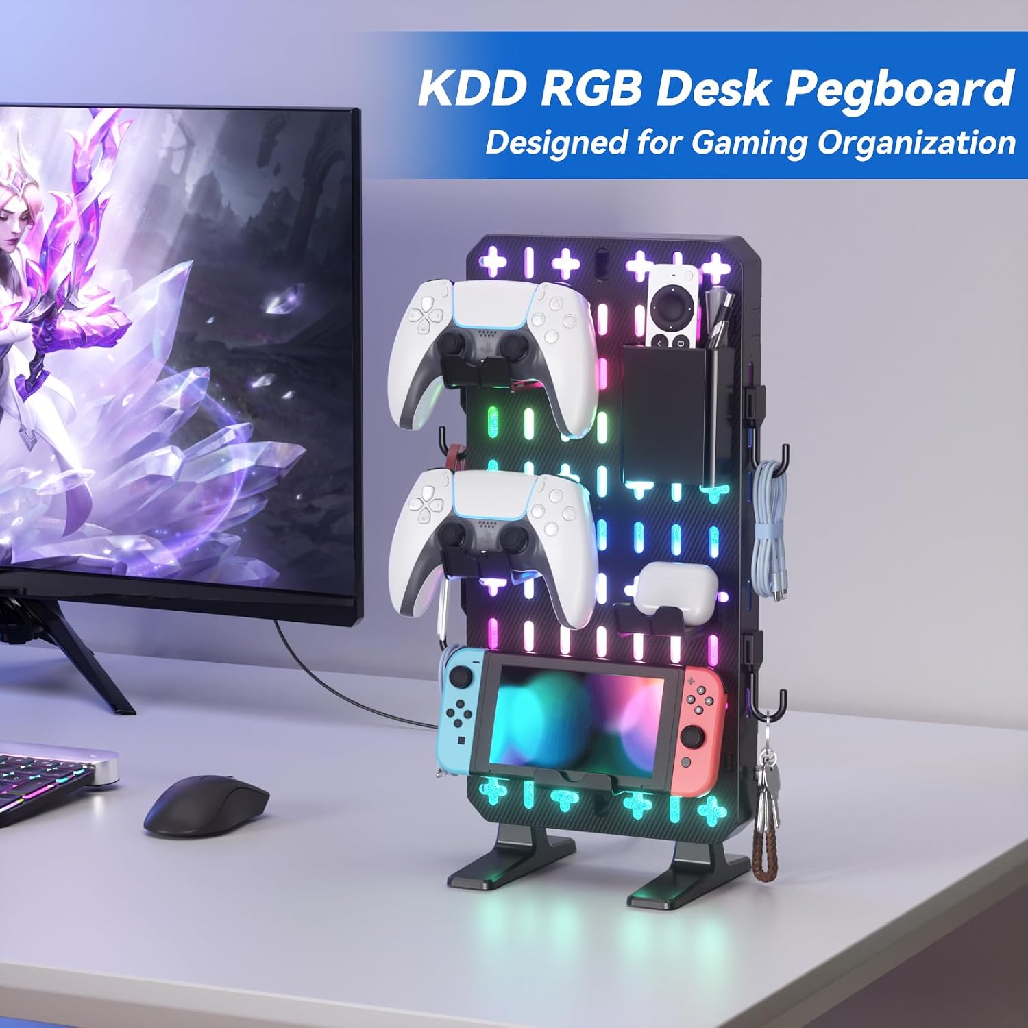 6 in 1 RGB Gaming Desk Accessories - No Drill Desk Organizer with Phone Stand/Storage Box/Headset & Controller