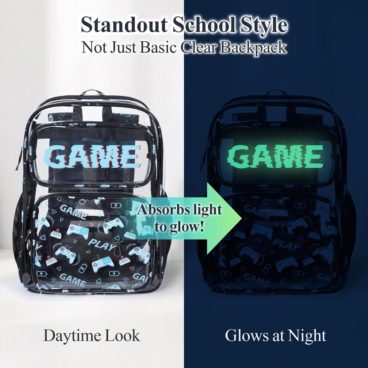 Clear Backpack for School - 17 Inch Game Patterned Bookbag, Black