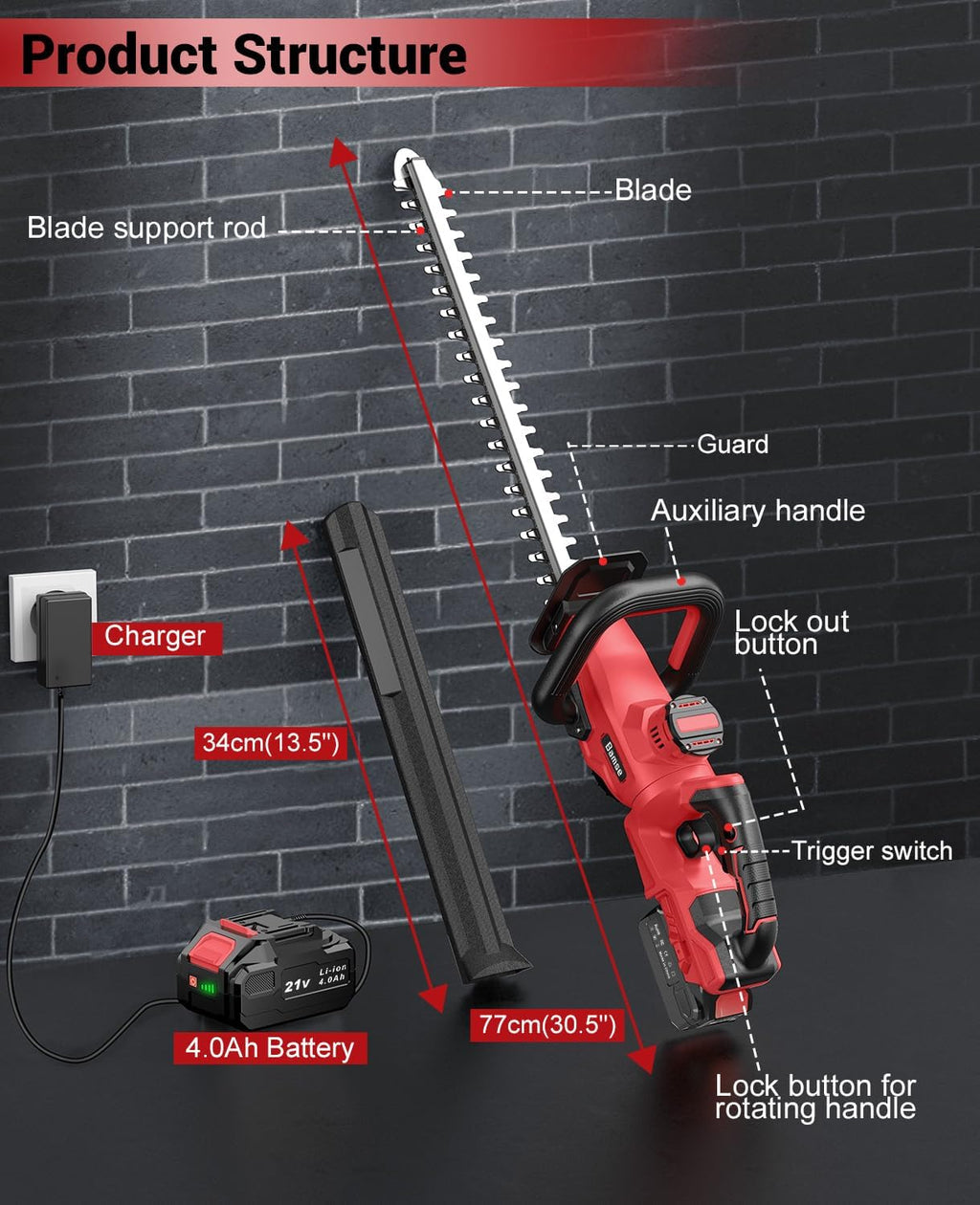 Hedge Trimmer Cordless, 21V Electric Hedge Trimmer with 4000mAh Rechargeable Battery, 14" Dual-Action Blades, 180°