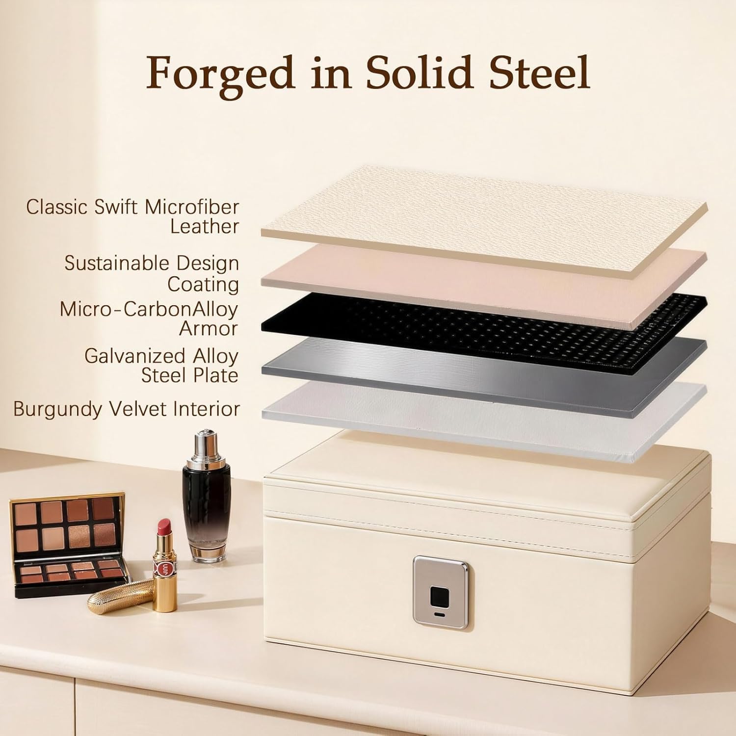 Jewelry Safe, Biometric Fingerprint Safe, Leather Wrapped Jewelry Box with Lock & Mirror, Ultra-Lightweight Jewelry