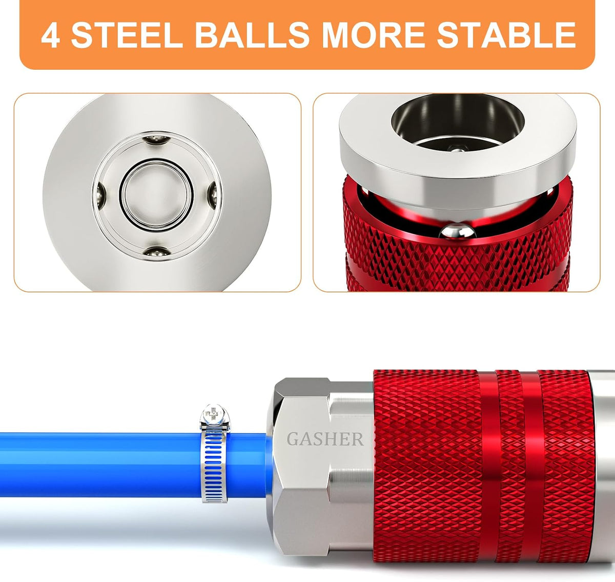 GASHER 2Pcs Red Industrial Air Coupling with 1/4" Hose Barb, 1/4" Basic Flow Quick Connect Air Coupler I/M Type With Hose Clamp