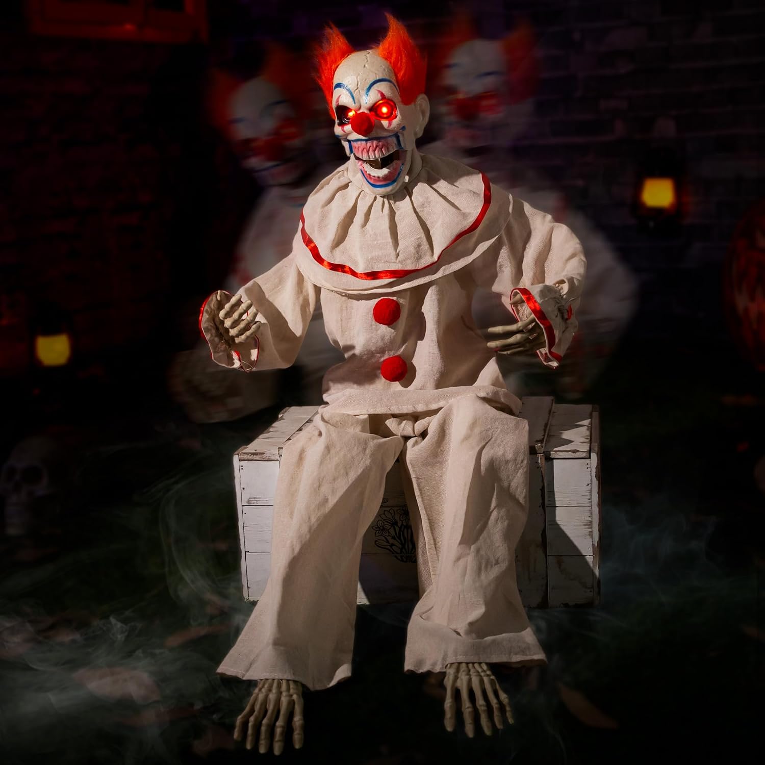 Halloween Animatronic Sitting Clown, Halloween Animated Decorations with Sound Activated, Creepy Sound, Light Up