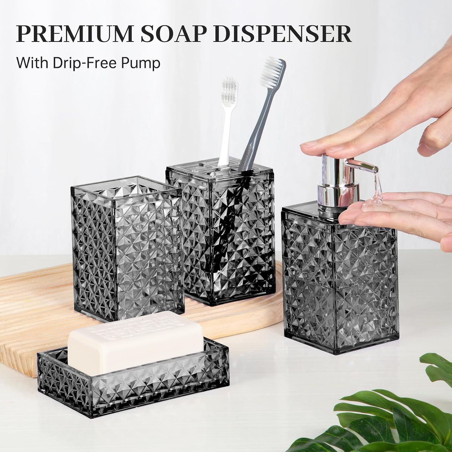Bathroom Accessory Set, Grid Pattern 4 Pcs Plastic Bathroom Set, Grey | Include Soap Dispenser, Soap Dish, Toothbrush