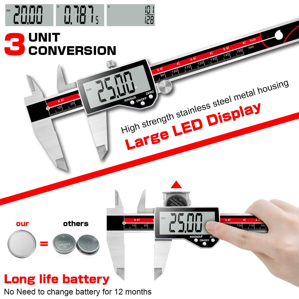 Qfun 6 Inch Digital Vernier Caliper Metal Metric Precision Measuring Tools