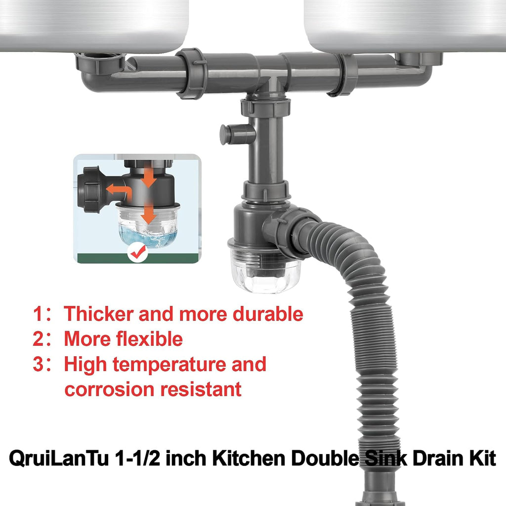 1-1/2 inch Kitchen Sink Drain Kit, space-saving kitchen drain with P-trap and extendable flexible hose (gourd