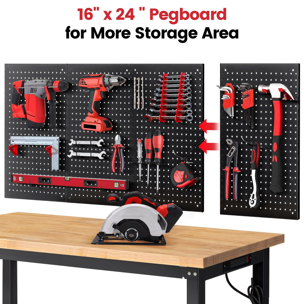 60" Heavy Duty Workbench, Adjustable Height Garage Work Bench with Solid Rubberwood Top, Storage Shelf & Power