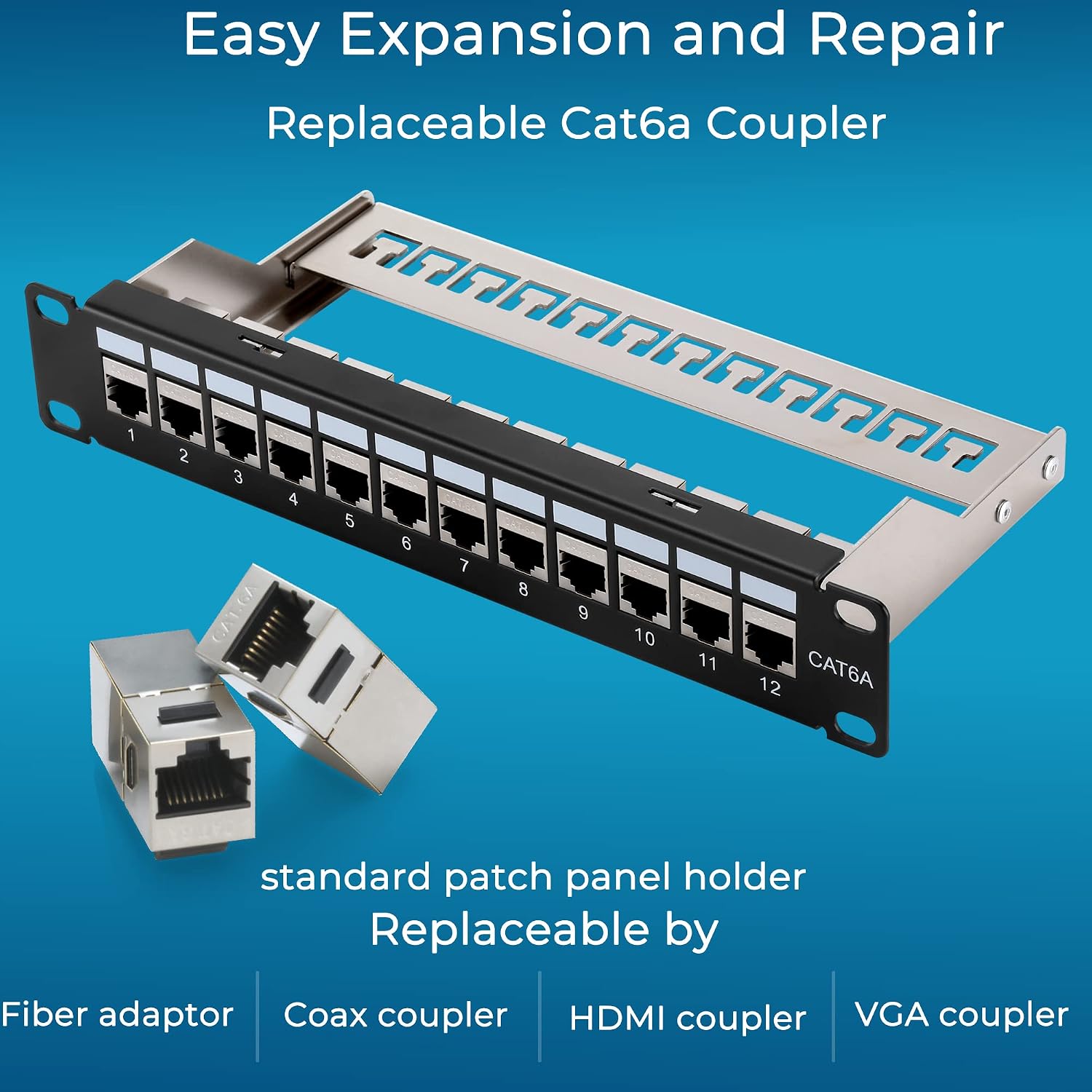 Mini 12 Port Cat6A Patch Panel with Inline Keystone 10G Support, Shielded 10-Inch with Removable Back Bar, 1U Network