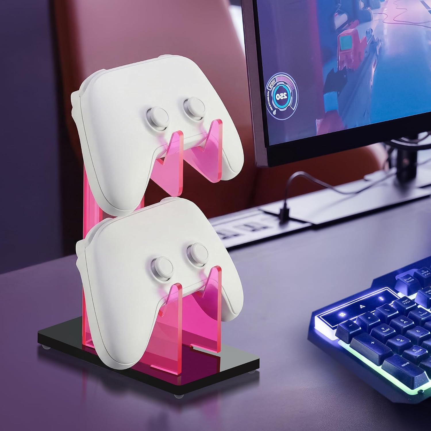 Rose Pink Acrylic 2-Tier Universal Game Controller Headset Holder Stand for PS5 Xbox ONE Switch Colorful Controller