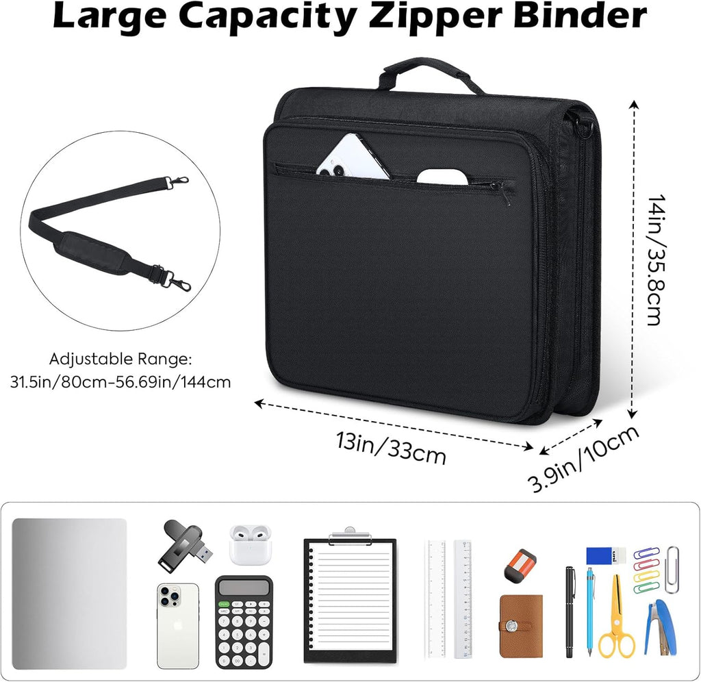 Zipper Binder, 2-Inch 3-Ring, 500 Sheets, 5-Tab File Folders, Black | 420D nylon with five dividers, multiple