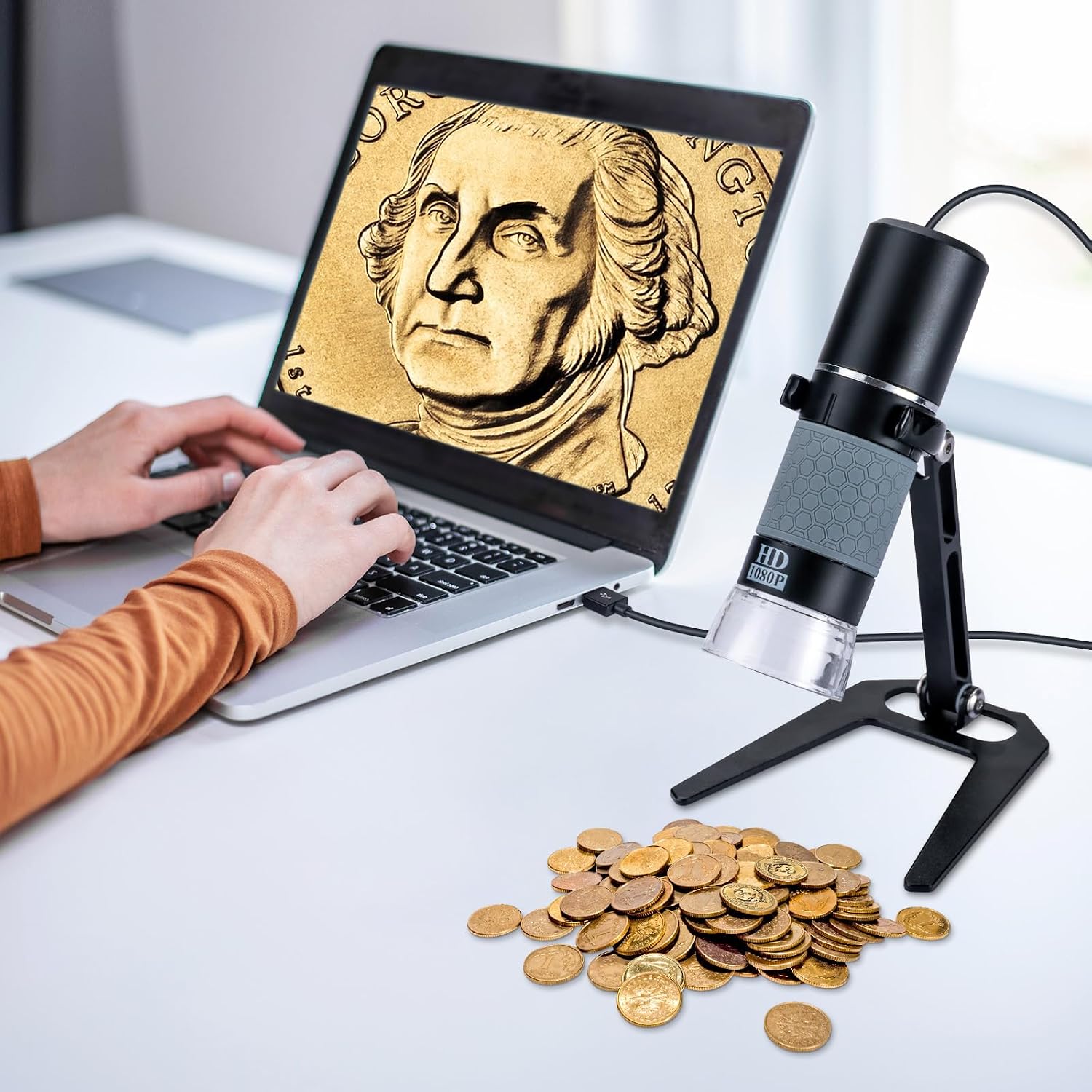1080P USB Digital Microscope with Metal Stand, 50X-1000X Handheld Microscope Camera with 8 LED Lights Compatible with