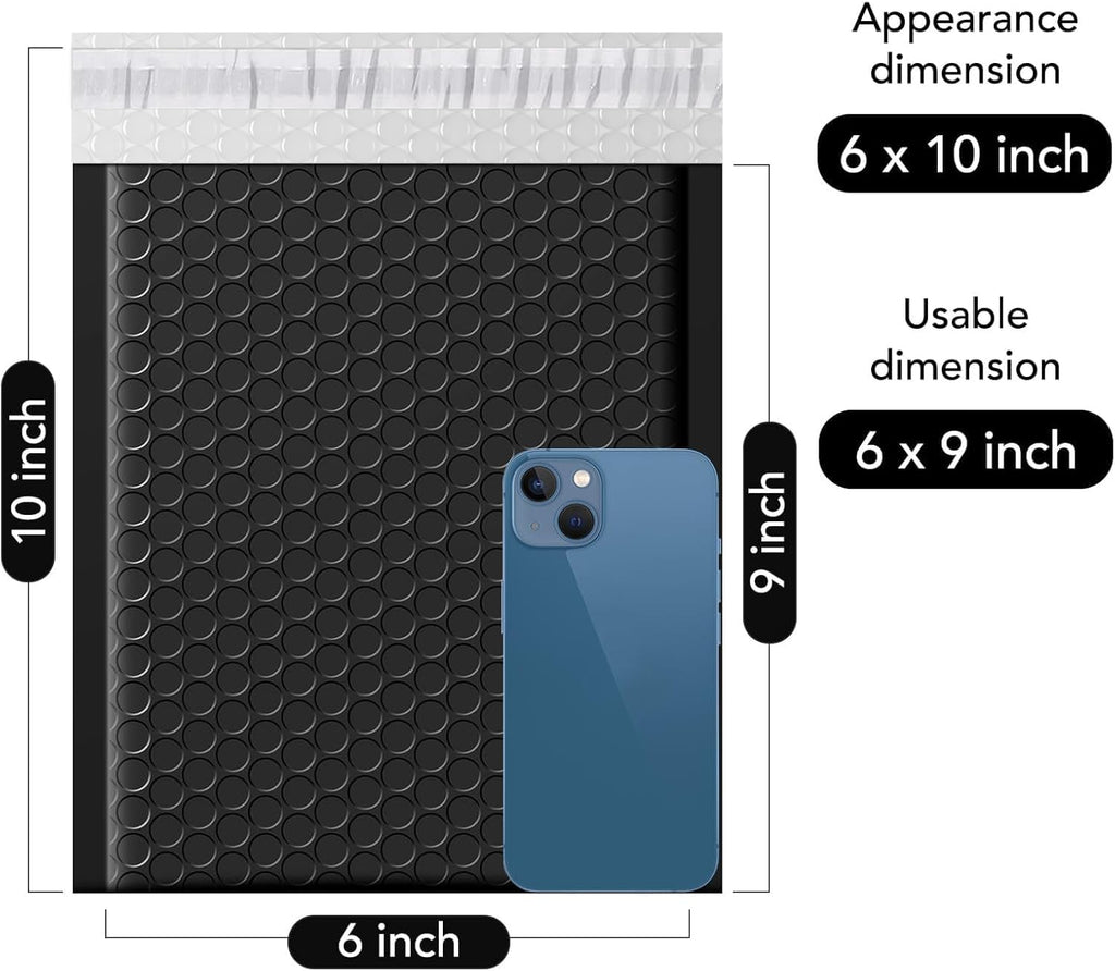 Bubble Mailers 6x10" 100Pack Black Padded Envelopes Usable Size 6x9"