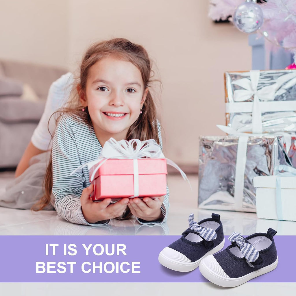 Toddler Girls Canvas Sneakers Bowknot Mary Jane Flats | Breathable and lightweight.Hook&loop closure for easy