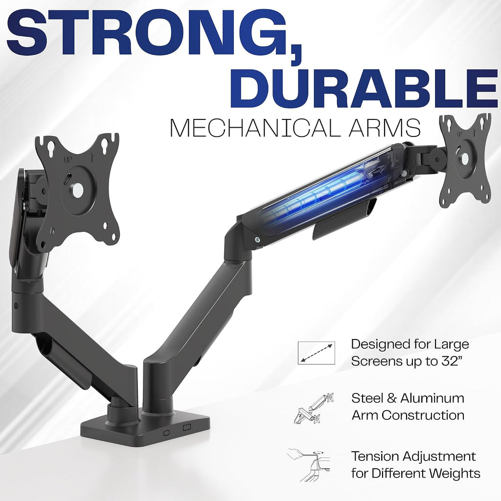 Dual Monitor Stand, Fully Adjustable Arms for 17 to 32 inch Screens, Mechanical Articulating Desk Mount, Gaming and