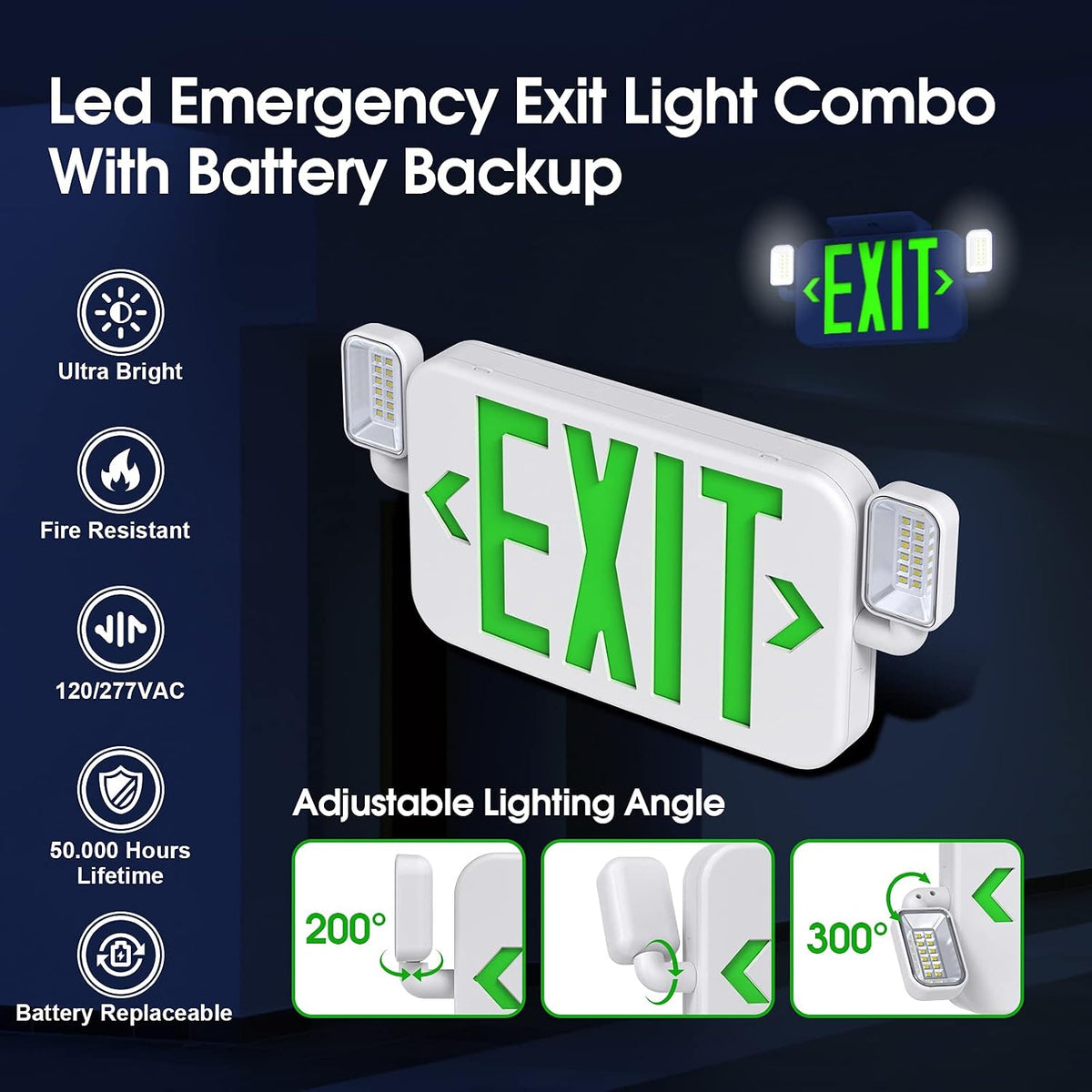 Led Combo Emergency Exit Sign Light with Two Adjustable Head Lights and Backup Battery,US Standard Green Letter