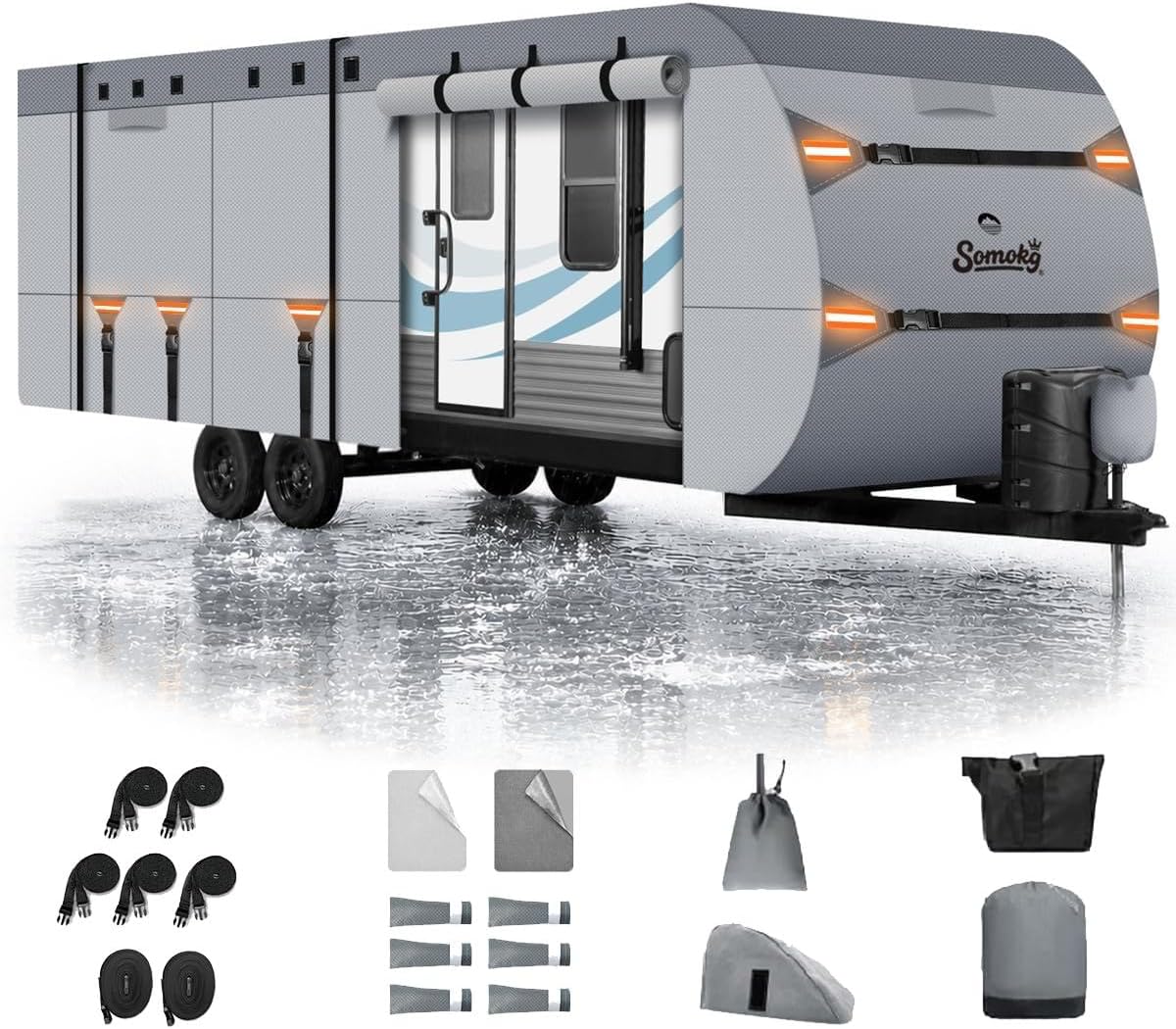 Travel Trailer Cover 27-30 FT, Heavy Duty 7-Layer RV Cover, Rip-Stop Camper Cover, Windproof with 5+2 Straps, UV &