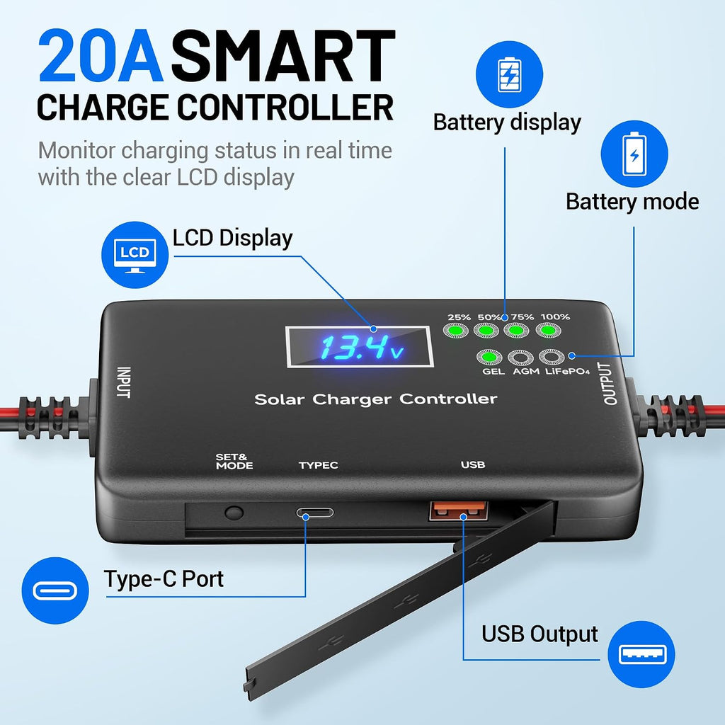 100W 12V Solar Panel Kit with 20A Smart Charge Controller | Waterproof, Digital Voltage Display, Smart Safety