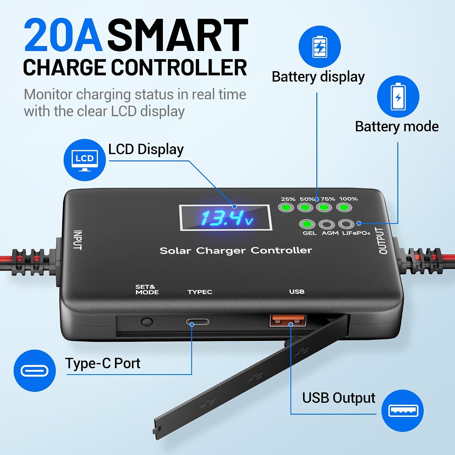 100W 12V Solar Panel Kit with 20A Smart Charge Controller | Waterproof, Digital Voltage Display, Smart Safety