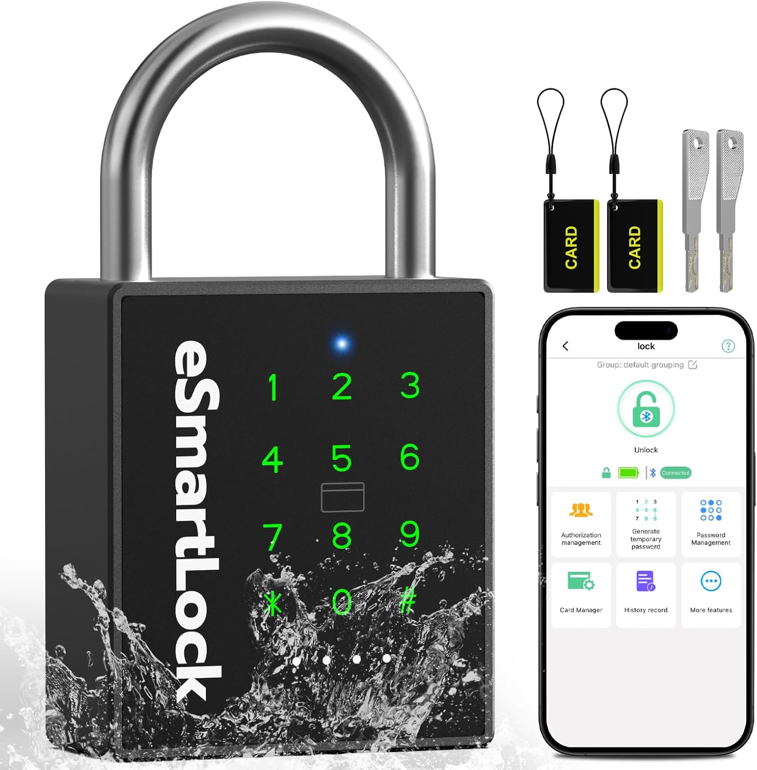 Heavy Duty Smart Padlock,Outdoor Combination Padlock with Key Code RFID | IP67 Waterproof Padlock Anti-Cut Shackle