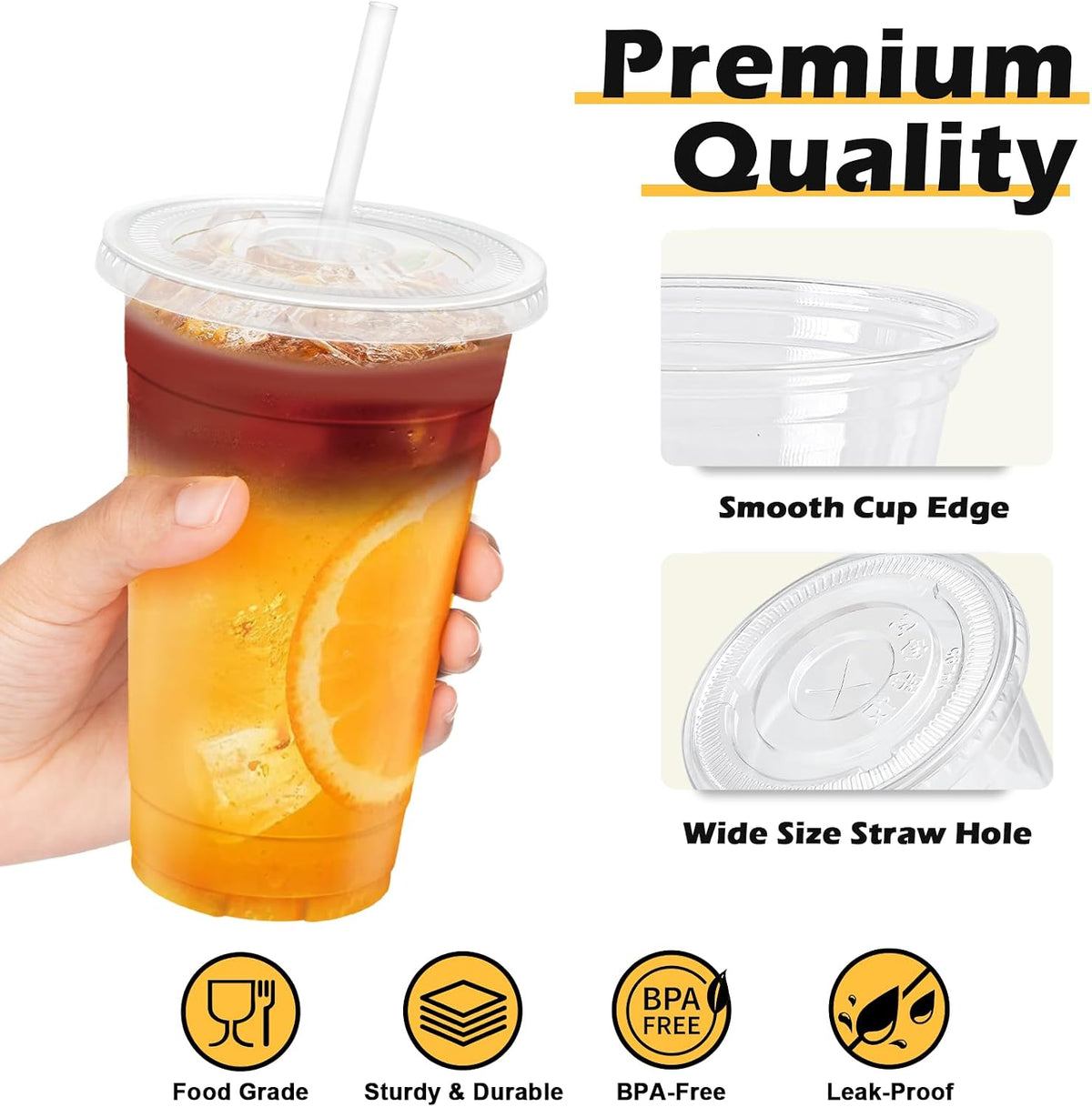 16 oz 100 Pack Clear Plastic Iced Coffee Cups with Lids Disposable