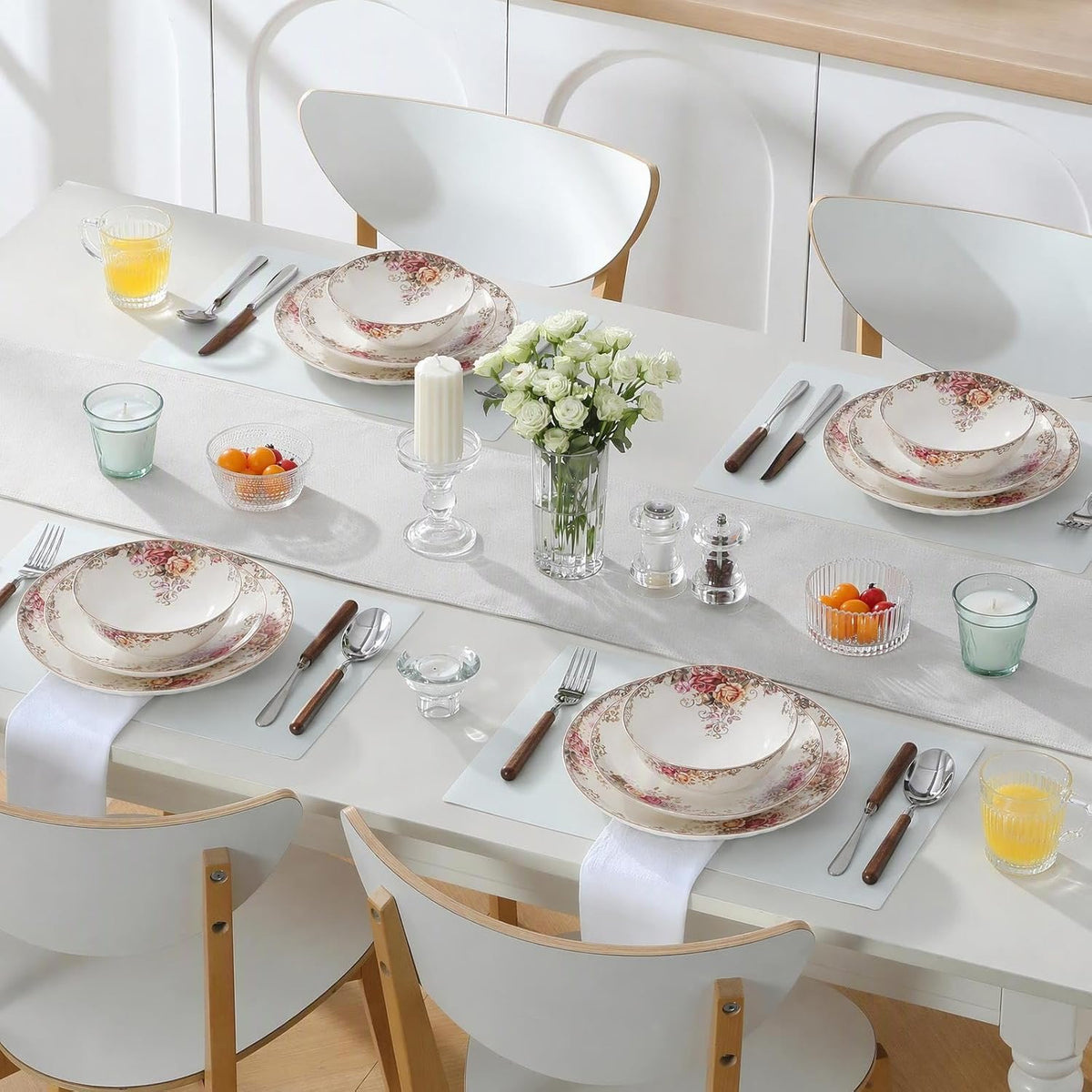 Bone China Dinnerware Set for 4, 12 Pcs Floral Plates and Bowls, Rose Bloom