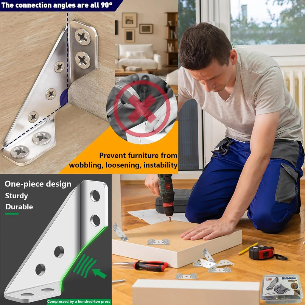 Furniture Corner Connector - 20PCS Universal Stainless Steel L Brackets for Wood,Hardware Metal Angle Bracket Corner