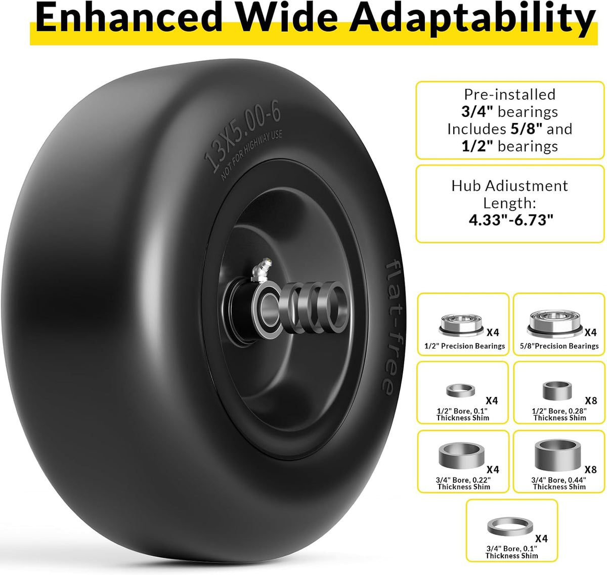 13x5.00-6 Flat Free Lawn Mower Tires and Wheel, for Zero Turn Mower | Universal 3/4", 5/8", 1/2" Bearings, 500 lbs