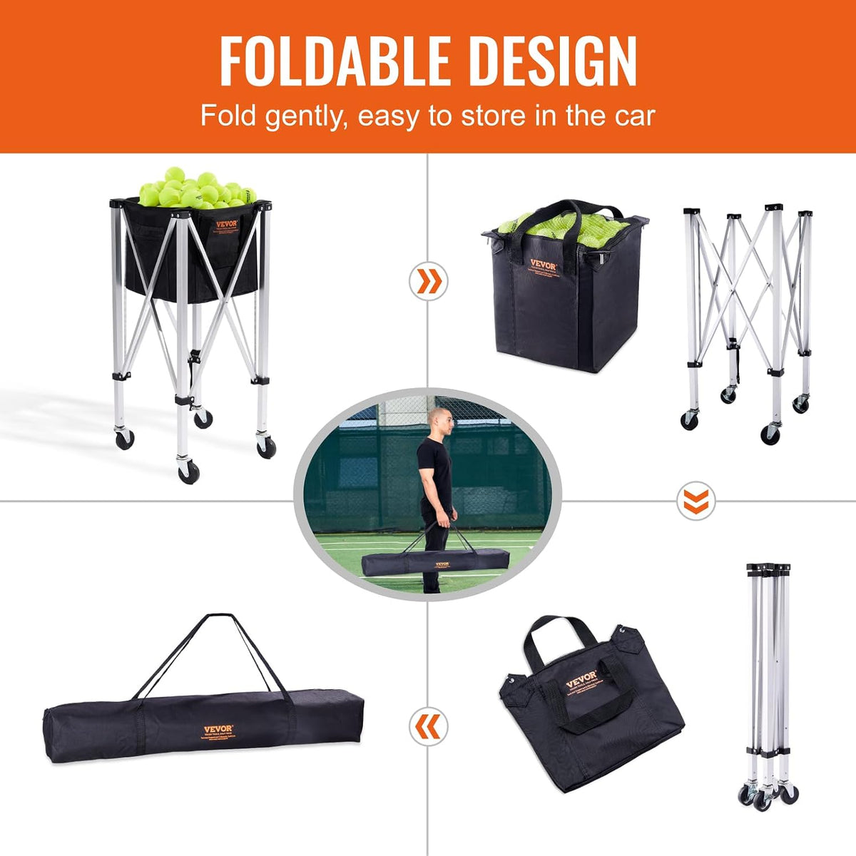 Foldable Tennis Ball Hopper, Holds 150-180 Tennis Balls, Lightweight Aluminum Alloy Tennis Ball Basket Cart with