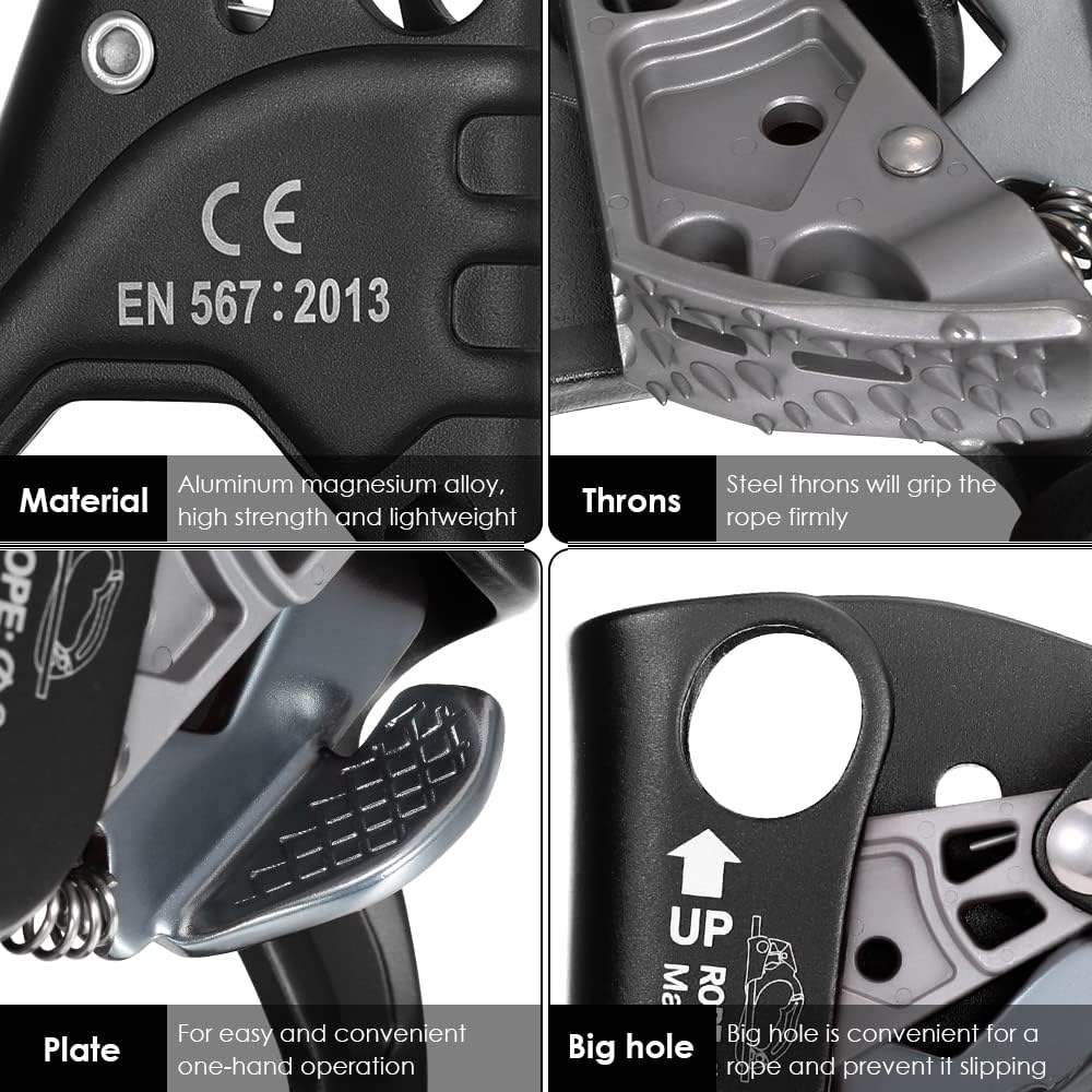 Climbing Hand Ascender 8-13mm Vertical Rope Access with Ergonomic Rubber Handle CE Certified Strong Rappelling Gear