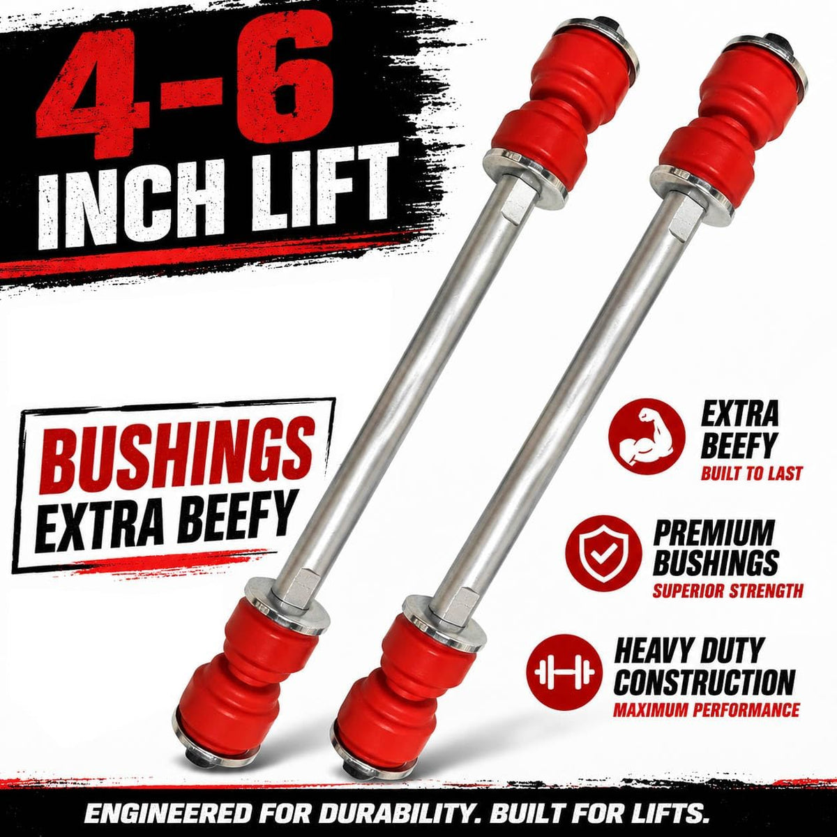 4‑6" Front Sway Bar Stabilizer CODE RED Heavy Duty End Link Kit for Extended Lifted Chevy Silverado Sierra 1500, 1500HD, 2500HD/3500HD, Avalanche 1500, Yukon, 2001‑2019 - Bushings Made IN USA
