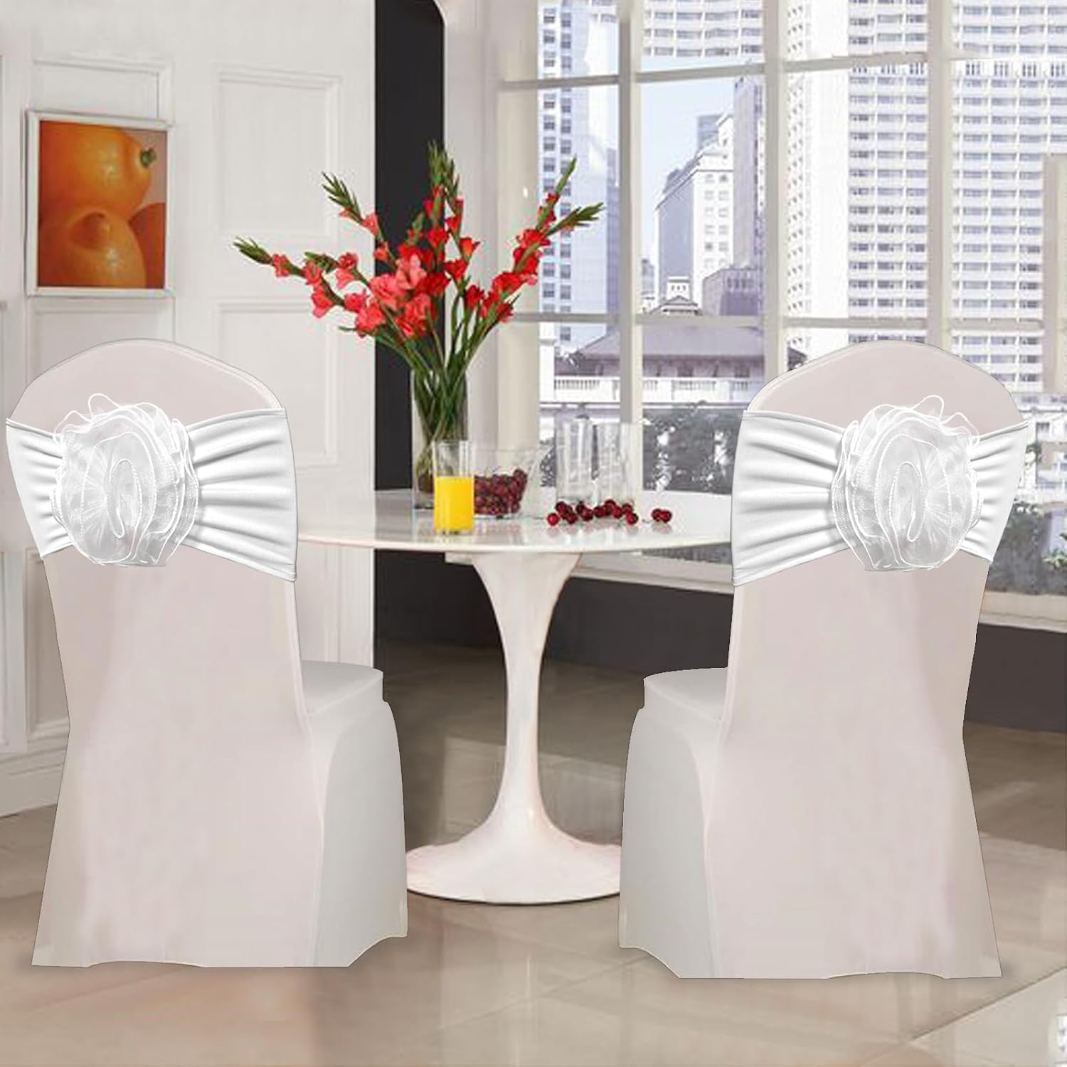 SFN 2 PCS White Flower Chair Sashes Chair Cover Chair Spandex Bands Bows tie for Thanksgiving Christmas Wedding