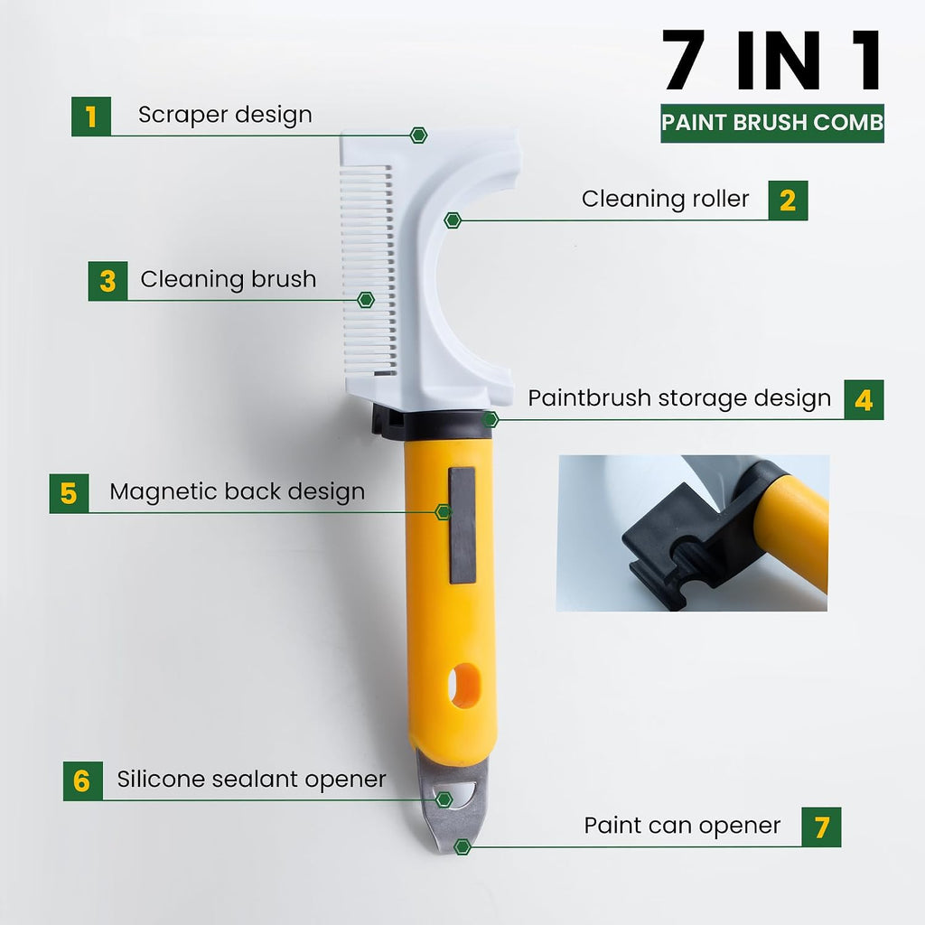 7-in-1 Paint Brush Comb, Paint Roller Cleaner, Paint Brush Cleaner Tool,Paint Can Opener,Scraper Design