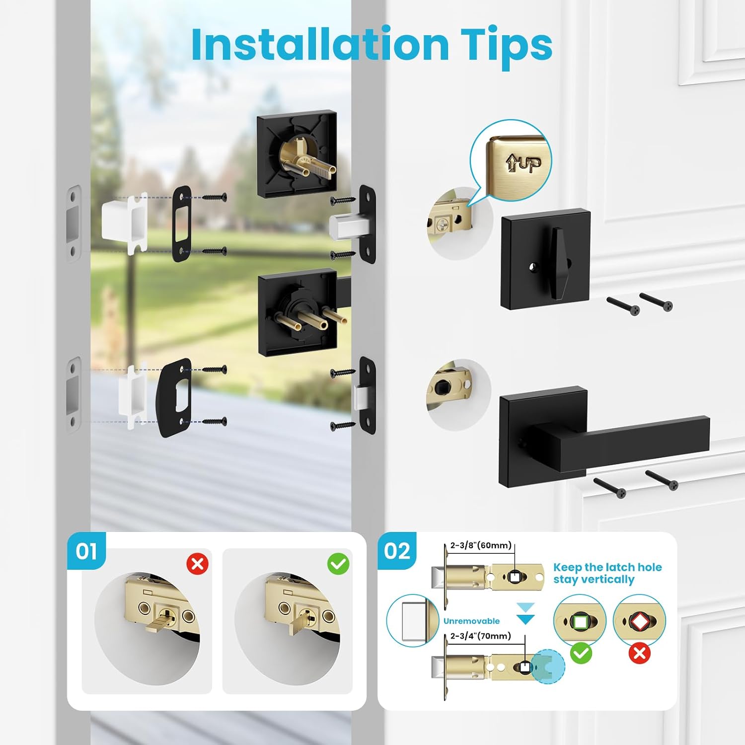 Exterior Door Lock Sets, Matte Black Passage Door Handle and Single Cylinder Deadbolt Lock Combo, Modern Square Door