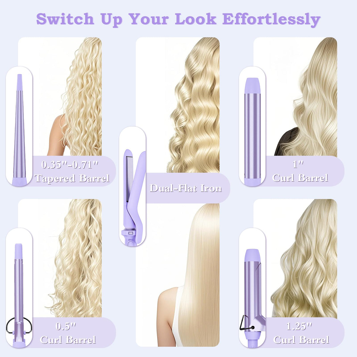 5 in 1 Curling Wand Set with Flat Iron, 0.35"-1.25" Ceramic Barrels