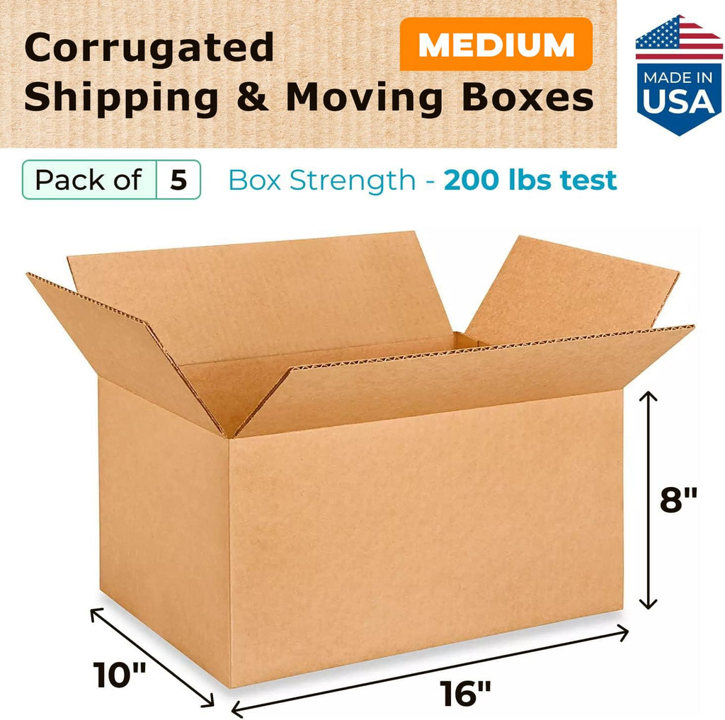Medium Moving & Shipping Boxes 16 x 10 x 8 inches (5-Pack) - Extra Strength 200 lb vs Regular - Corrugated Packing