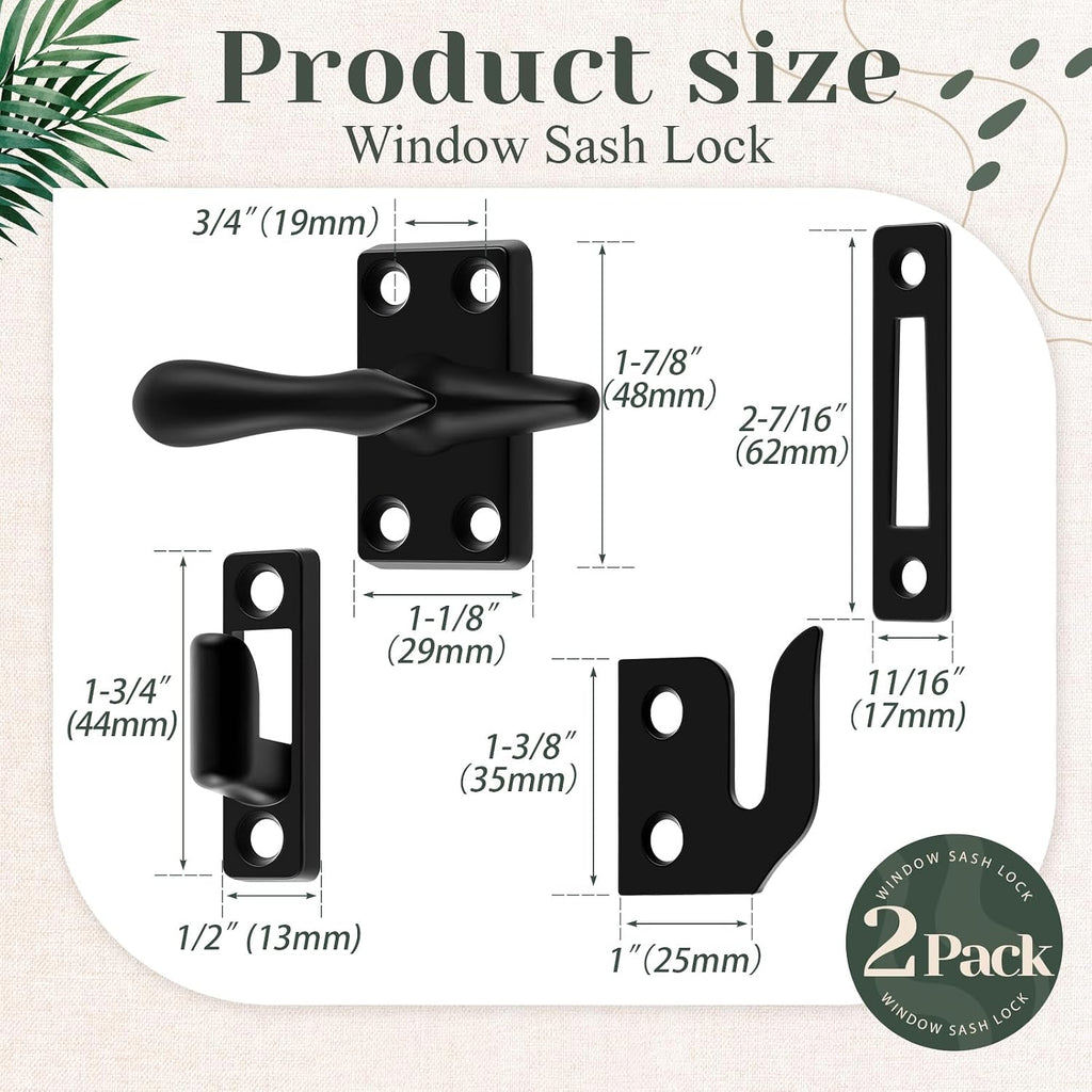 2 Pack Matte Black Casement Window Lock 1-7/8 Inch Zinc Alloy Window Sash Lock Latch Replacement for Home Casement