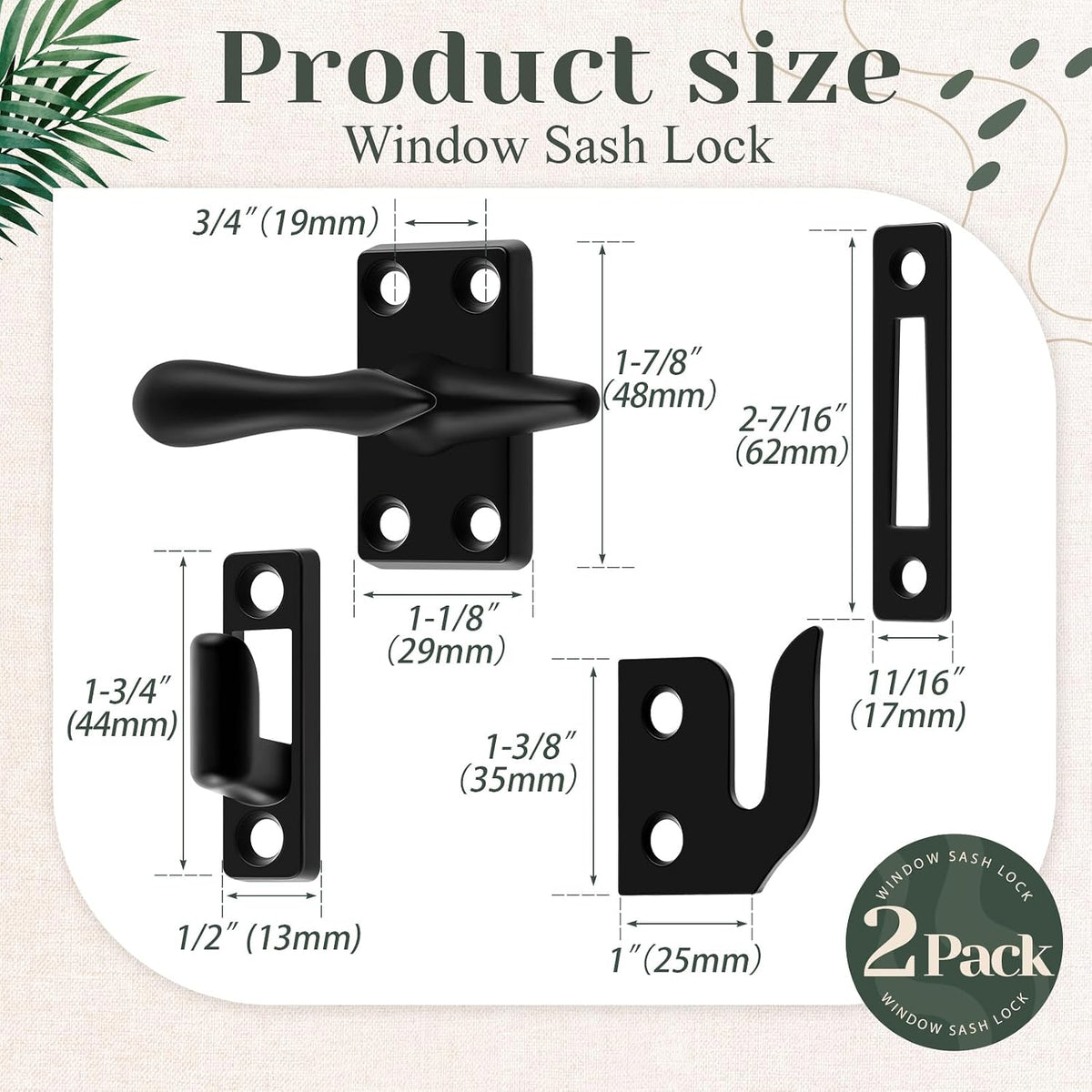 2 Pack Matte Black Casement Window Lock 1-7/8 Inch Zinc Alloy Window Sash Lock Latch Replacement for Home Casement