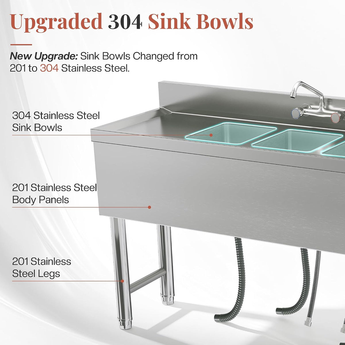 60" 3 Compartment Commercial Sink with Double Drainboards
